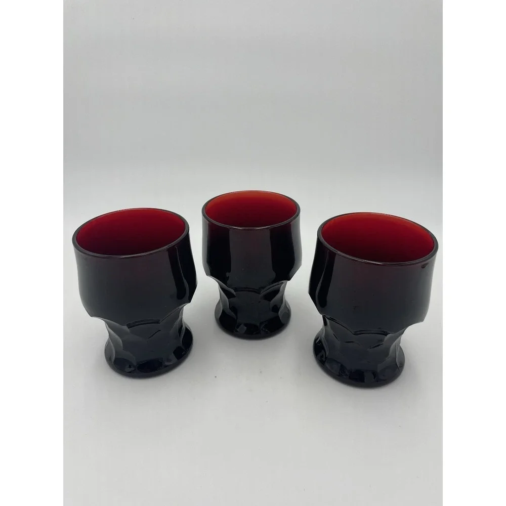 Vtg Set 3 Georgian Dark Ruby Red 8 oz Glass Glasses‎ Cups Drinking 4.25